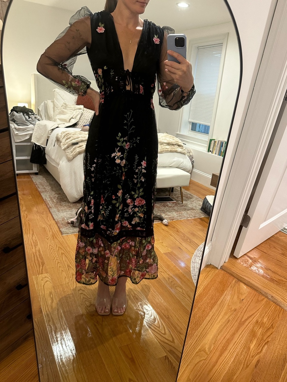 Vici Black Sheer-Sleeve Floral Midi Dress with Pink & Green Embroidery